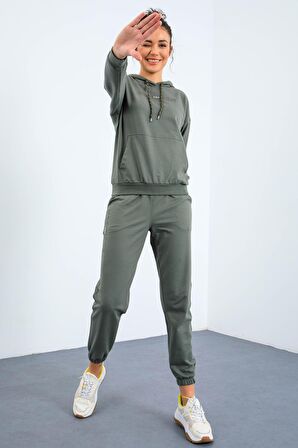 Çağla Kapüşonlu Kanguru Cep Oversize Lastik Paça Kadın Eşofman Takımı - 95288 | M