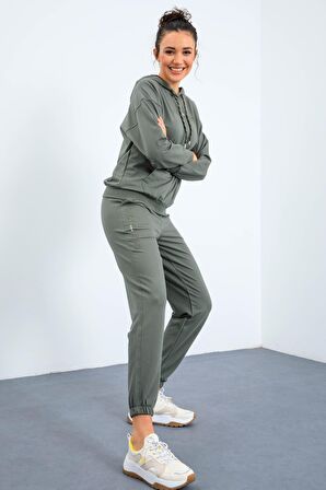 Çağla Kapüşonlu Kanguru Cep Oversize Lastik Paça Kadın Eşofman Takımı - 95288 | S