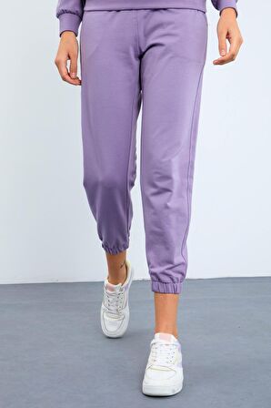 Eflatun Kapüşonlu Kanguru Cep Oversize Lastik Paça Kadın Eşofman Takımı - 95288 | L