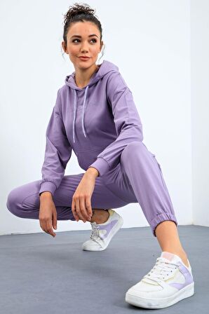 Eflatun Kapüşonlu Kanguru Cep Oversize Lastik Paça Kadın Eşofman Takımı - 95288 | XL