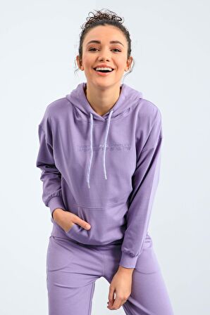 Eflatun Kapüşonlu Kanguru Cep Oversize Lastik Paça Kadın Eşofman Takımı - 95288 | XL