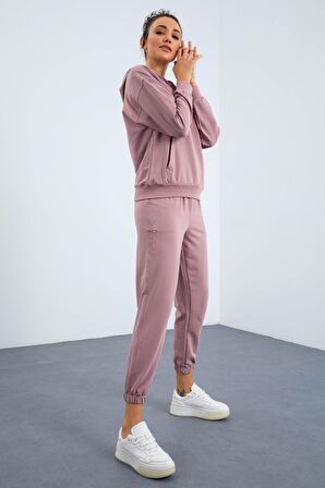 Gül Kurusu Kapüşonlu Kanguru Cep Oversize Lastik Paça Kadın Eşofman Takımı - 95288 | L