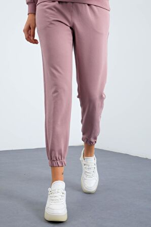 Gül Kurusu Kapüşonlu Kanguru Cep Oversize Lastik Paça Kadın Eşofman Takımı - 95288 | L