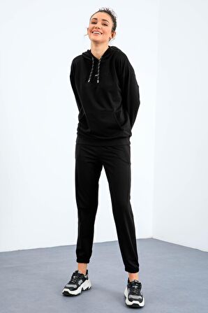 Siyah Kapüşonlu Kanguru Cep Oversize Lastik Paça Kadın Eşofman Takımı - 95288 | XL