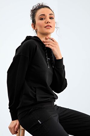 Siyah Kapüşonlu Kanguru Cep Oversize Lastik Paça Kadın Eşofman Takımı - 95288 | XL