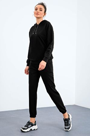 Siyah Kapüşonlu Kanguru Cep Oversize Lastik Paça Kadın Eşofman Takımı - 95288 | XL