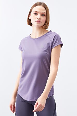 Eflatun Sırt Pencereli Kısa Kol Standart Kalıp O Yaka Kadın T-Shirt - 97101 | S