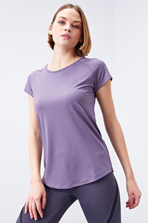 Eflatun Sırt Pencereli Kısa Kol Standart Kalıp O Yaka Kadın T-Shirt - 97101 | S