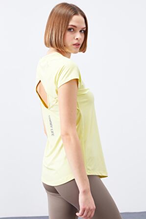 Limon Sırt Pencereli Kısa Kol Standart Kalıp O Yaka Kadın T-Shirt - 97101 | M