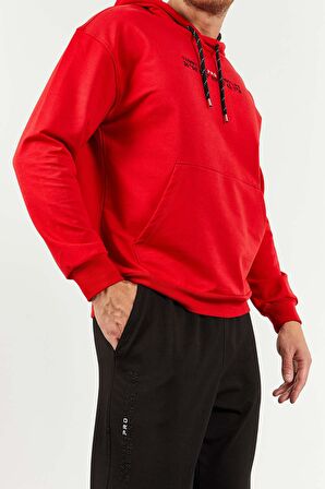 Kırmızı - Siyah Kapüşonlu Kanguru Cep Lastik Paça Erkek Oversize Eşofman Takımı - 85117 | XL