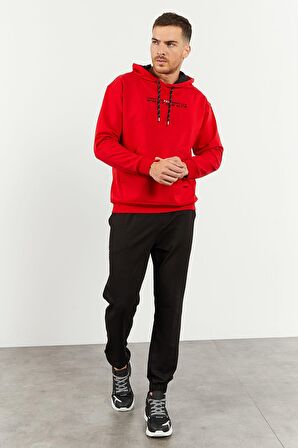 Kırmızı - Siyah Kapüşonlu Kanguru Cep Lastik Paça Erkek Oversize Eşofman Takımı - 85117 | XL