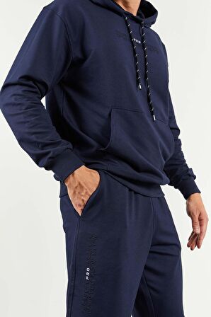 İndigo Kapüşonlu Kanguru Cep Lastik Paça Erkek Oversize Eşofman Takımı - 85117 | S