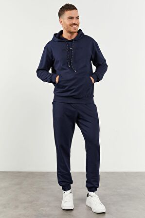 İndigo Kapüşonlu Kanguru Cep Lastik Paça Erkek Oversize Eşofman Takımı - 85117 | S