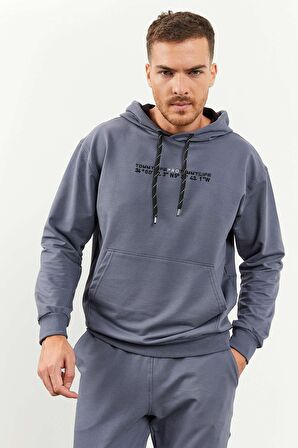 Petrol Kapüşonlu Kanguru Cep Lastik Paça Erkek Oversize Eşofman Takımı - 85117 | XL