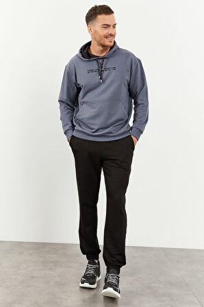 Petrol - Siyah Kapüşonlu Kanguru Cep Lastik Paça Erkek Oversize Eşofman Takımı - 85117 | XXL