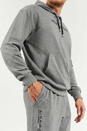 Gri Melanj Kapüşonlu Kanguru Cep Lastik Paça Erkek Oversize Eşofman Takımı - 85117 | L