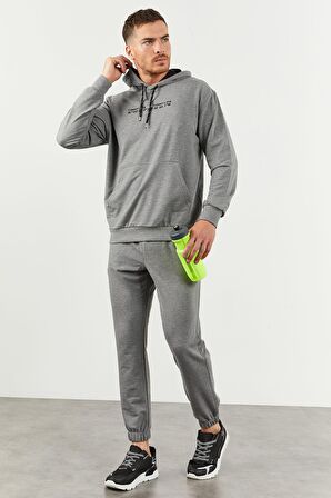 Gri Melanj Kapüşonlu Kanguru Cep Lastik Paça Erkek Oversize Eşofman Takımı - 85117 | L
