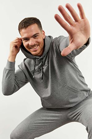 Gri Melanj Kapüşonlu Kanguru Cep Lastik Paça Erkek Oversize Eşofman Takımı - 85117 | L