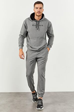 Gri Melanj Kapüşonlu Kanguru Cep Lastik Paça Erkek Oversize Eşofman Takımı - 85117 | L