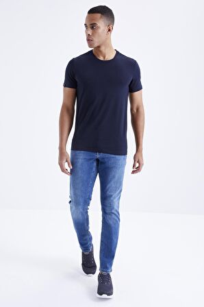 Lacivert Basic Kısa Kol Standart Kalıp O Yaka Erkek T-Shirt - 87911 | L