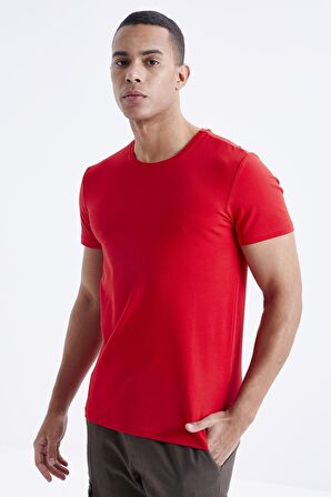 Kırmızı Basic Kısa Kol Standart Kalıp O Yaka Erkek T-Shirt - 87911 | L