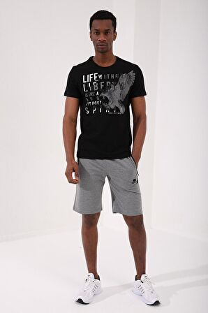 Siyah Kartal Baskılı Standart Kalıp O Yaka Erkek T-Shirt - 87932 | S
