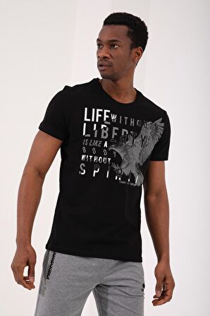 Siyah Kartal Baskılı Standart Kalıp O Yaka Erkek T-Shirt - 87932 | S