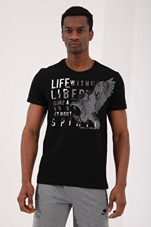Siyah Kartal Baskılı Standart Kalıp O Yaka Erkek T-Shirt - 87932 | S