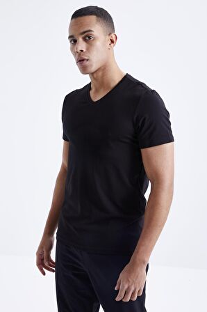 Siyah Basic Kısa Kol Standart Kalıp V Yaka Erkek T-Shirt - 87912 | M