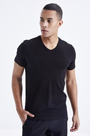 Siyah Basic Kısa Kol Standart Kalıp V Yaka Erkek T-Shirt - 87912 | M