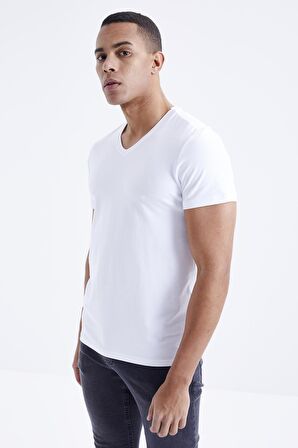 Beyaz Basic Kısa Kol Standart Kalıp V Yaka Erkek T-Shirt - 87912 | M
