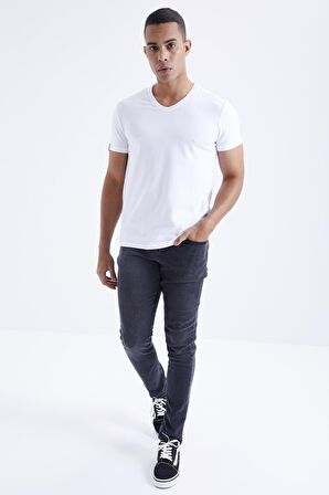 Beyaz Basic Kısa Kol Standart Kalıp V Yaka Erkek T-Shirt - 87912 | M