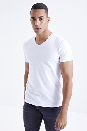 Beyaz Basic Kısa Kol Standart Kalıp V Yaka Erkek T-Shirt - 87912 | M