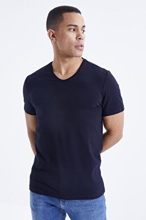 Lacivert Basic Kısa Kol Standart Kalıp V Yaka Erkek T-Shirt - 87912 | XL
