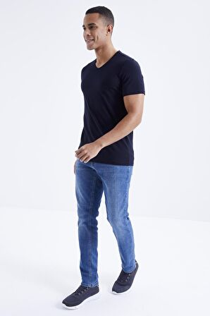Lacivert Basic Kısa Kol Standart Kalıp V Yaka Erkek T-Shirt - 87912 | XL