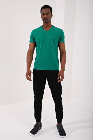 Koyu Yeşil Basic Kısa Kol Standart Kalıp V Yaka Erkek T-Shirt - 87912 | L