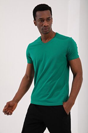 Koyu Yeşil Basic Kısa Kol Standart Kalıp V Yaka Erkek T-Shirt - 87912 | L
