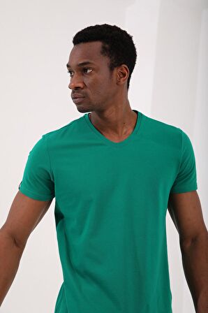 Koyu Yeşil Basic Kısa Kol Standart Kalıp V Yaka Erkek T-Shirt - 87912 | L