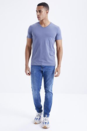 Petrol Basic Kısa Kol Standart Kalıp V Yaka Erkek T-Shirt - 87912 | S