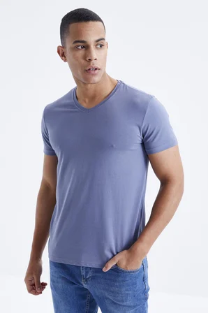 Petrol Basic Kısa Kol Standart Kalıp V Yaka Erkek T-Shirt - 87912 | XL
