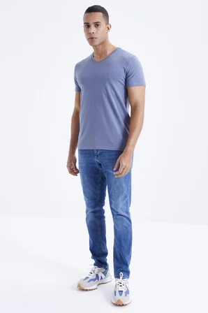 Petrol Basic Kısa Kol Standart Kalıp V Yaka Erkek T-Shirt - 87912 | XL