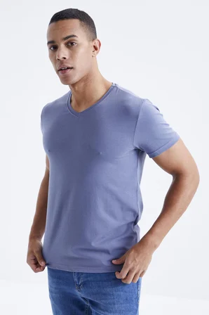 Petrol Basic Kısa Kol Standart Kalıp V Yaka Erkek T-Shirt - 87912 | XL