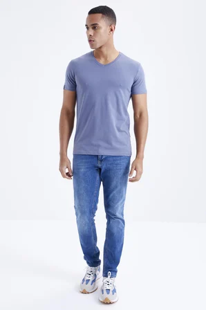 Petrol Basic Kısa Kol Standart Kalıp V Yaka Erkek T-Shirt - 87912 | XL