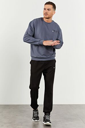 Petrol - Siyah Casual O Yaka Lastik Paça Erkek Oversize Eşofman Takımı - 85120 | M