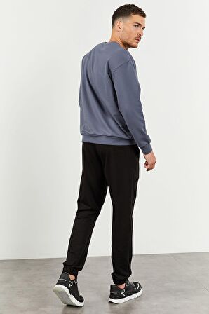 Petrol - Siyah Casual O Yaka Lastik Paça Erkek Oversize Eşofman Takımı - 85120 | M