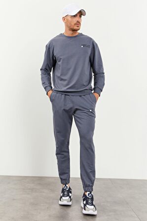 Petrol Casual O Yaka Lastik Paça Erkek Oversize Eşofman Takımı - 85120 | M