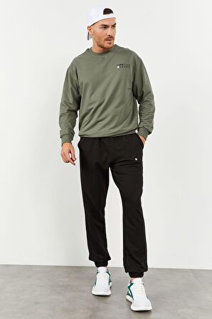 Çağla - Siyah Casual O Yaka Lastik Paça Erkek Oversize Eşofman Takımı - 85120 | XXL