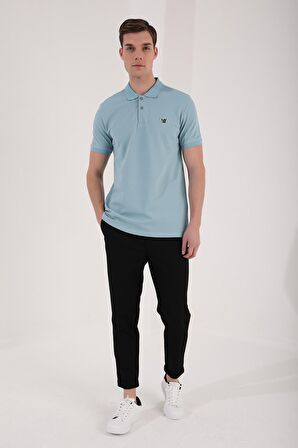 Buz Mavi Basic Göğüs Logolu Standart Kalıp Triko Polo Yaka Erkek T-Shirt - 87768 | L