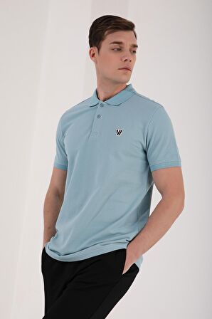 Buz Mavi Basic Göğüs Logolu Standart Kalıp Triko Polo Yaka Erkek T-Shirt - 87768 | L
