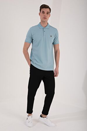 Buz Mavi Basic Göğüs Logolu Standart Kalıp Triko Polo Yaka Erkek T-Shirt - 87768 | L